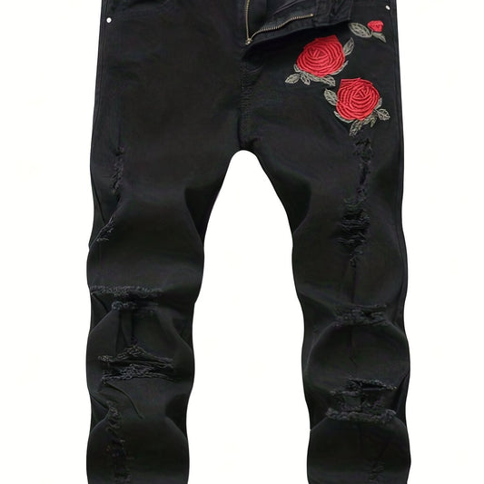 Slim Fit Rose Embroidery Ripped Jeans Men's Casual Street Style Stretch Denim