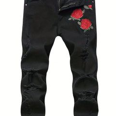 Slim Fit Rose Embroidery Ripped Jeans Men's Casual Street Style Stretch Denim