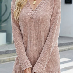 Casual Sweater Women's Plus Solid V Neck Jumper