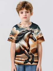 Running Horse 3D Print Boy's Casual Tees Short Sleeve Crew Neck