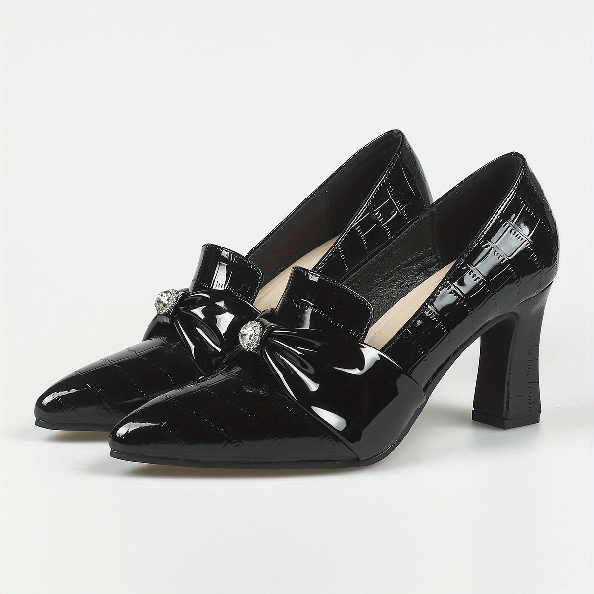 Women's Rhinestone Bowknot Slip On Point Toe Chunky Heel Shoes