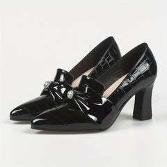 Women's Rhinestone Bowknot Slip On Point Toe Chunky Heel Shoes