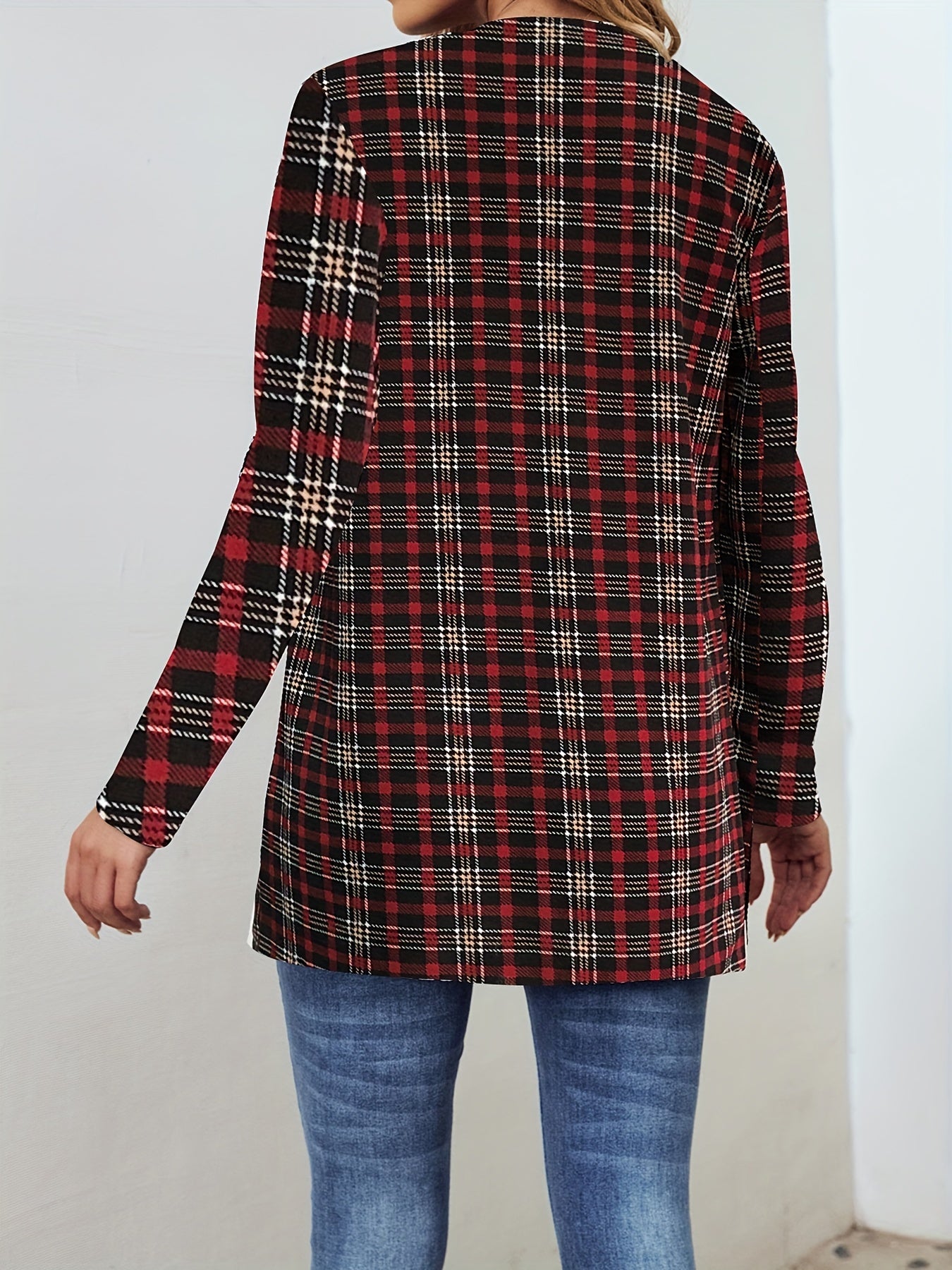 Plaid Print Open Front Jacket Long Sleeve Outerwear