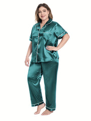 Satin Pajamas Set Short Sleeve Button Up Lounge Two Piece Set