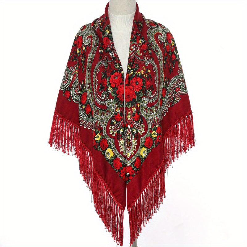 Boho Retro Large Square Scarf Floral Printing Tassel Headband Winter Shawl