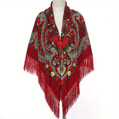 Boho Retro Large Square Scarf Floral Printing Tassel Headband Winter Shawl