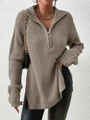 Long Sleeve Half Zip Side Slit Sweater for Winter & Fall