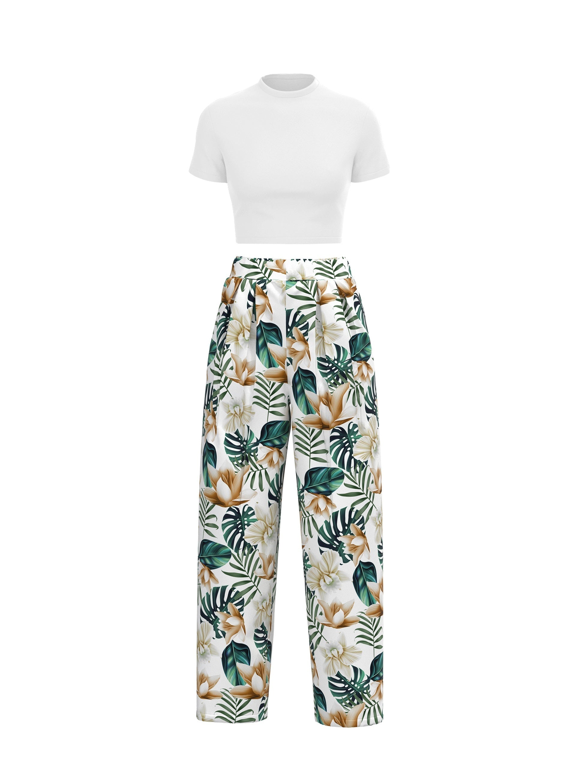 Boho Two Piece Set: Slim Tee & Tropical Print Pants