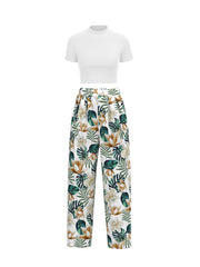 Boho Two Piece Set: Slim Tee & Tropical Print Pants