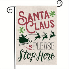 Christmas Garden Flag Santa Claus Sleigh Reindeer Burlap Vertical Stop Here
