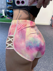 Tie Dye Criss Cross Cut Out Yoga Shorts High Waist Sports Running Shorts