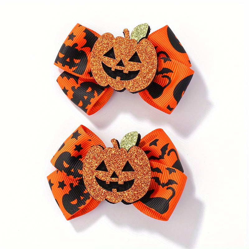 2pcs Halloween Pumpkin Ghost Cat Bow Hair Clips