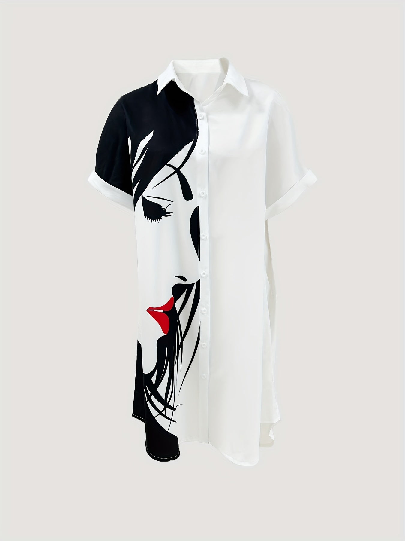 Print Button Front Shirt Dress Rolled Short Sleeve