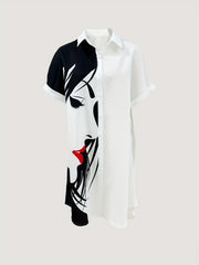 Print Button Front Shirt Dress Rolled Short Sleeve