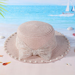 Women Straw Fedora Hat Faux Pearl Flap Top Brim Beach Sun Hat