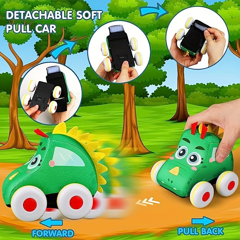 Dino Pull Back Cars for Toddlers 18-36 Months - Plush Toy Cars for Baby