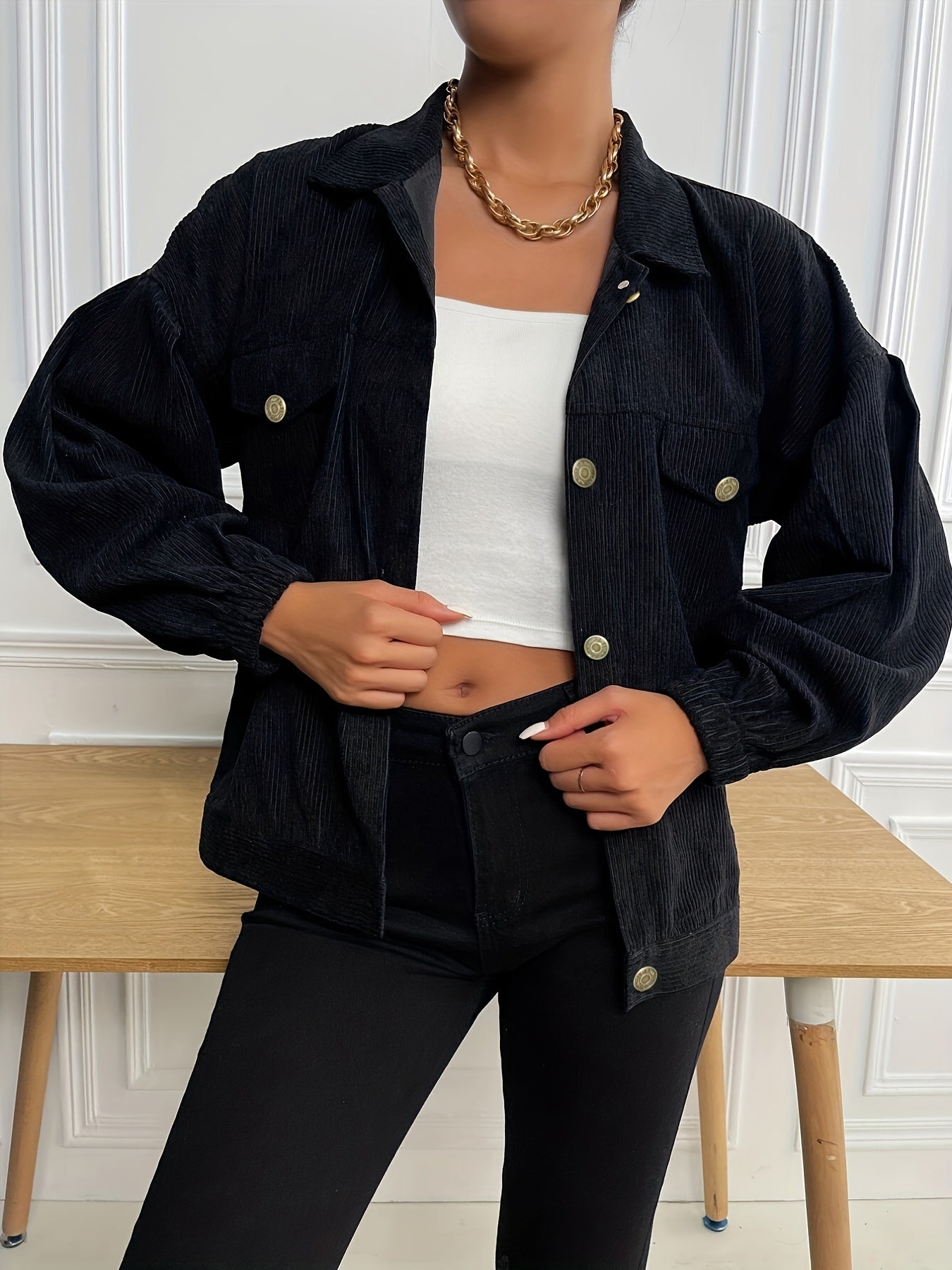 Corduroy Button Up Jacket Long Sleeve Outwear