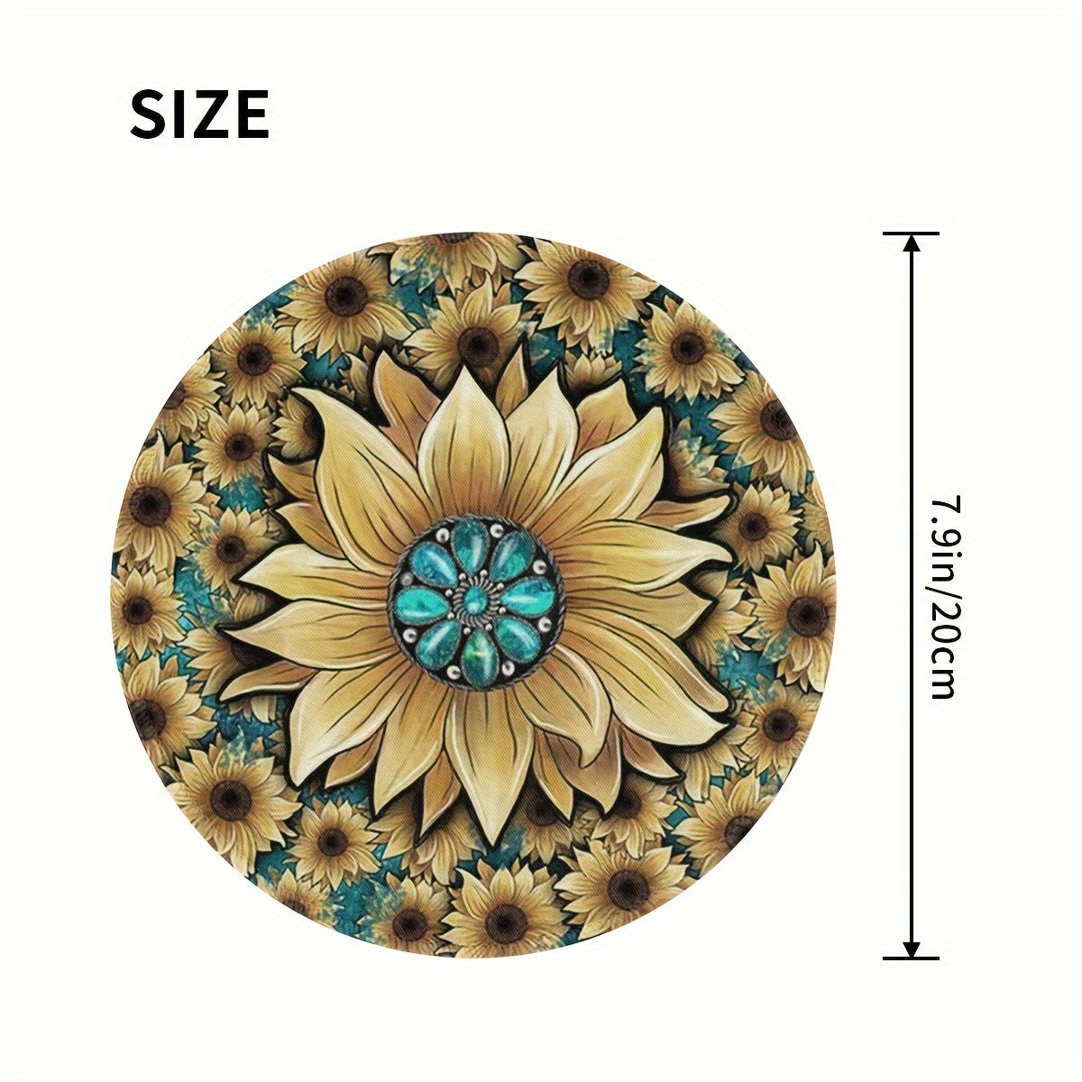 Boho Sunflower & Turquoise Round Mouse Pad Non Slip Base Mousepad