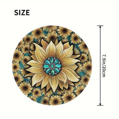 Boho Sunflower & Turquoise Round Mouse Pad Non Slip Base Mousepad