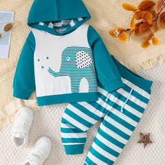 Baby Elephant Print Hooded Sweatshirt Striped Pants Set