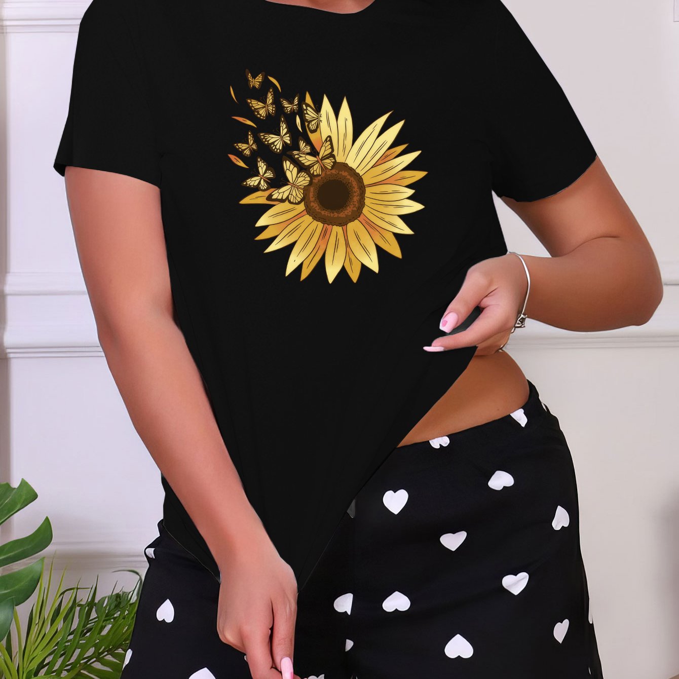 Butterfly Print Sleep Tops Short Sleeve Crew Neck Top Women's Sleepwear