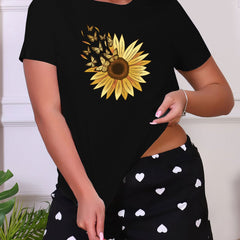 Butterfly Print Sleep Tops Short Sleeve Crew Neck Top Women's Sleepwear