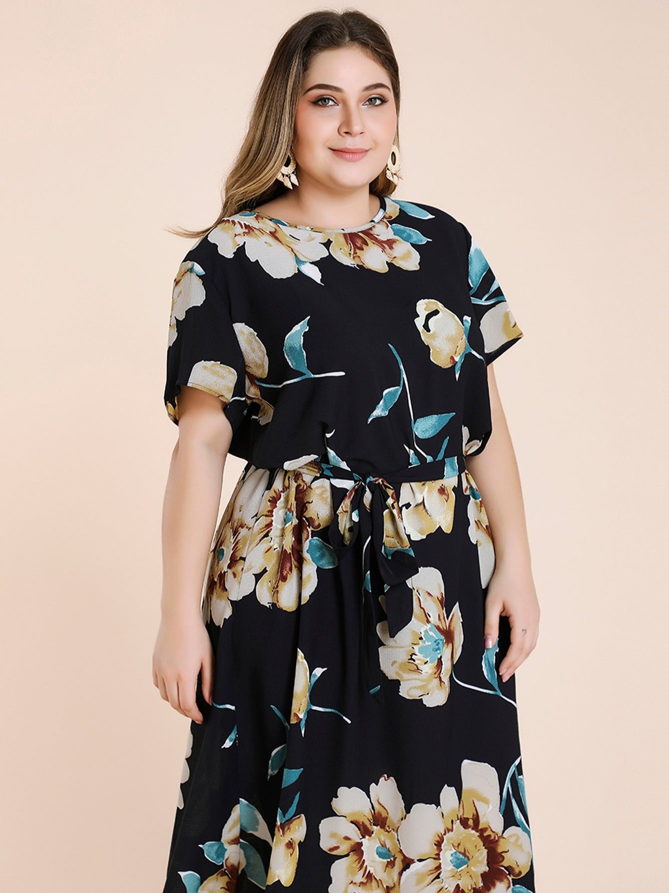Floral Print Maxi Dress Plus Size Women's Short Sleeve Long Dress