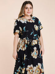 Floral Print Maxi Dress Plus Size Women's Short Sleeve Long Dress