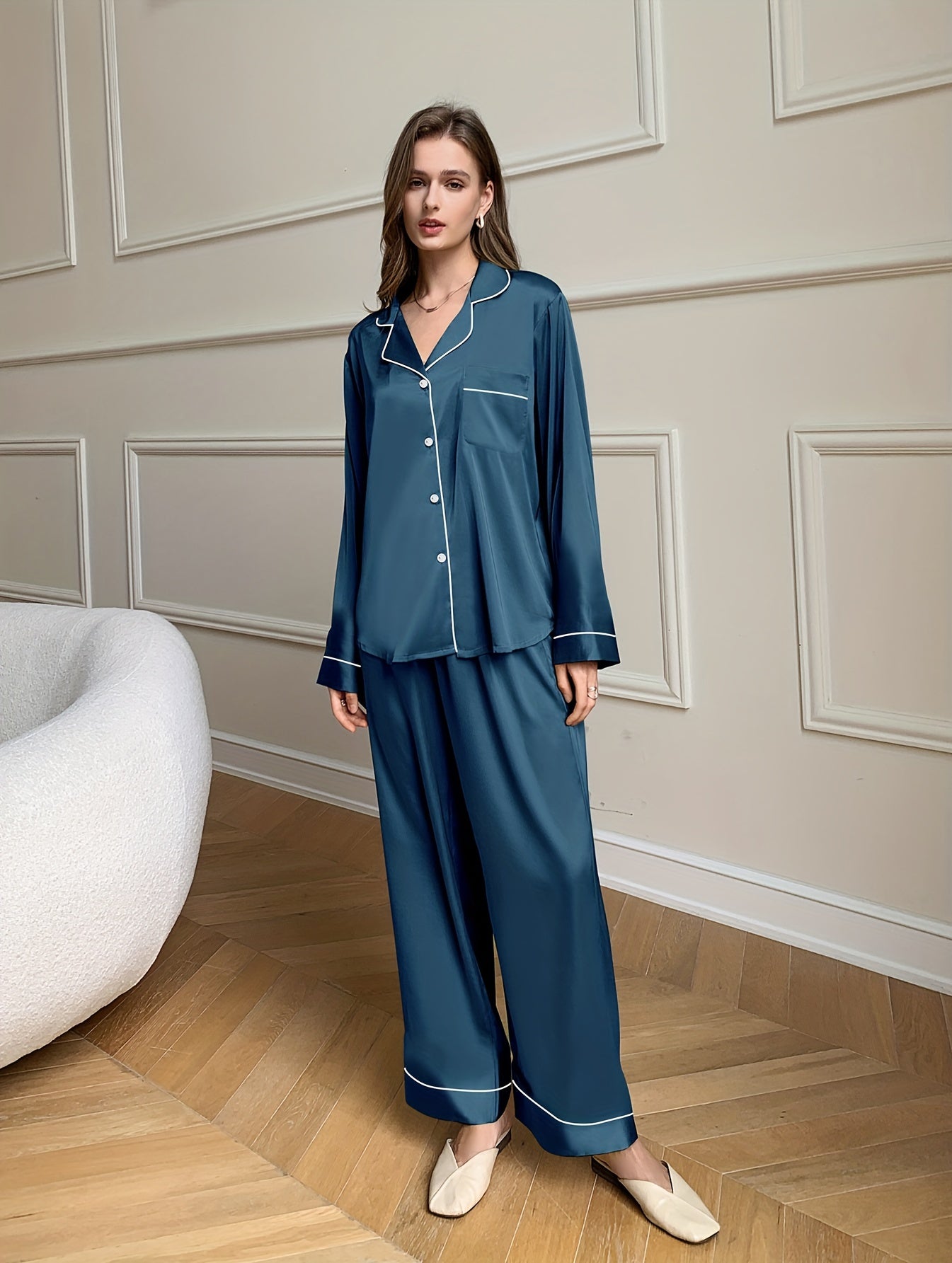 Solid Satin Lounge Set Long Sleeve Top & Elastic Waistband Pants