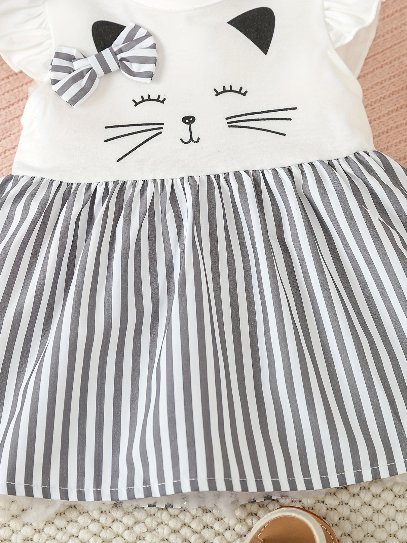 Baby Girl Cartoon Bow Striped Flutter Sleeve Dress