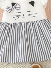 Baby Girl Cartoon Bow Striped Flutter Sleeve Dress