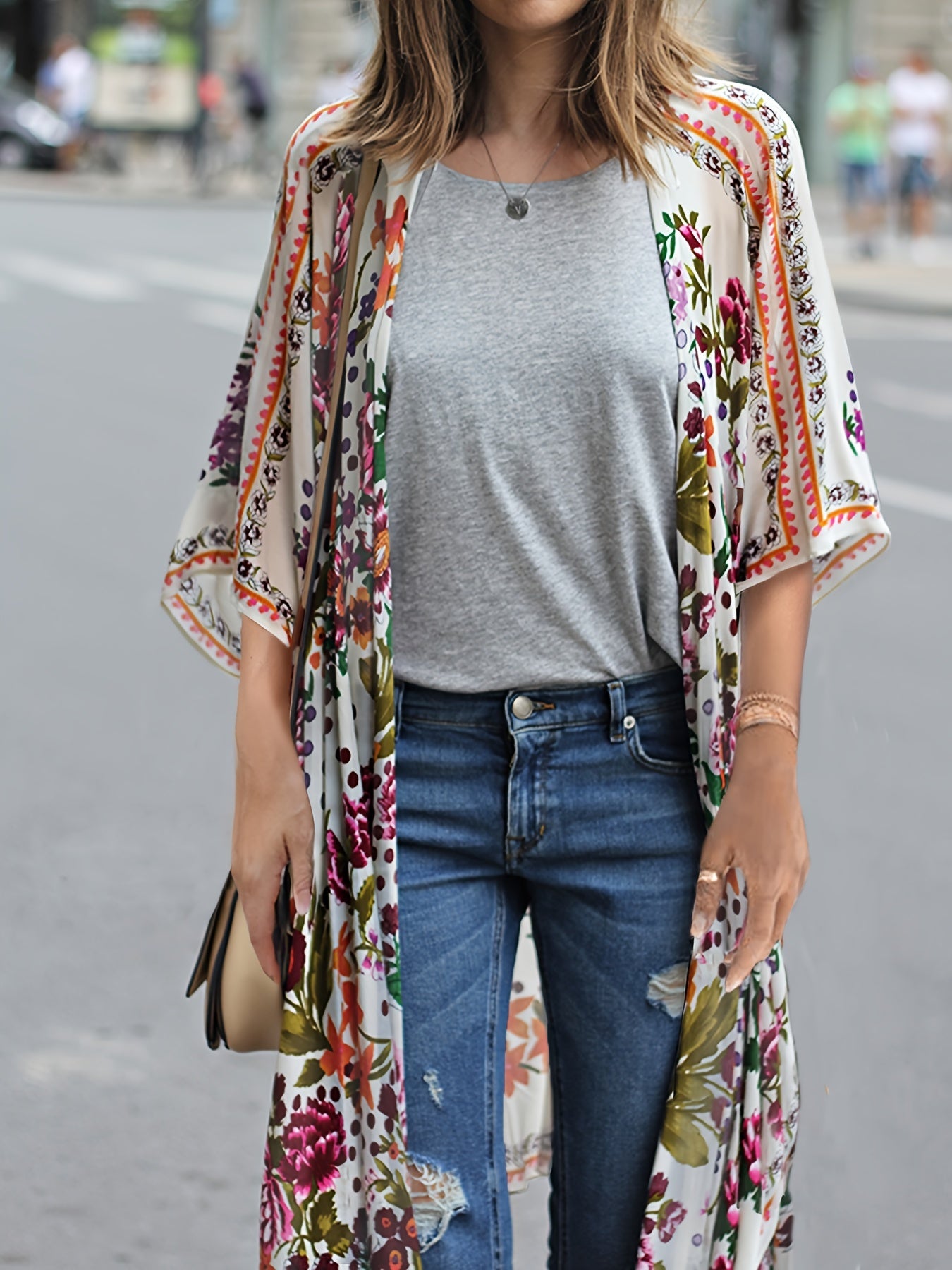 Floral Print Bat Sleeve Cover Up