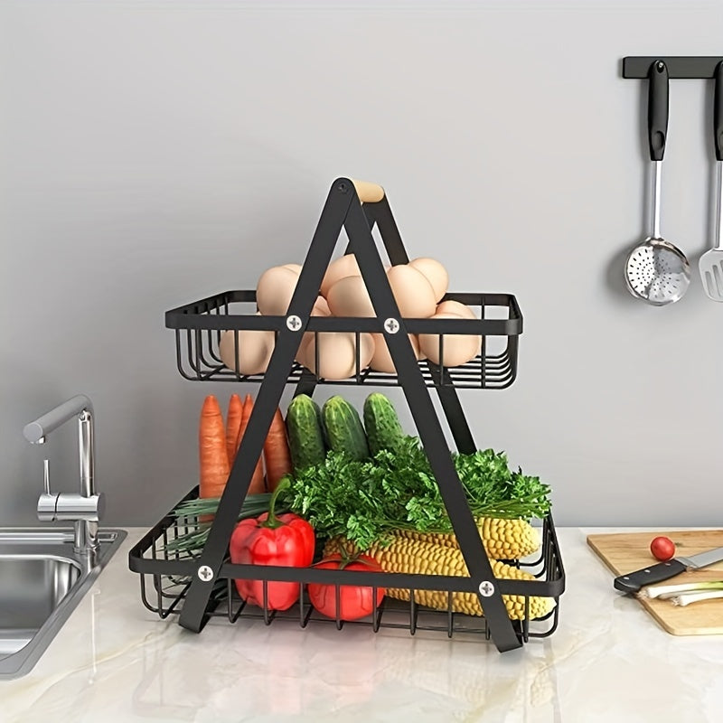 2 Tier Metal Storage Basket for Countertop with Wooden Handle