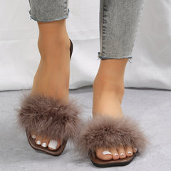 Women's Faux Fur Slippers Square Open Toe Slip On Shoes