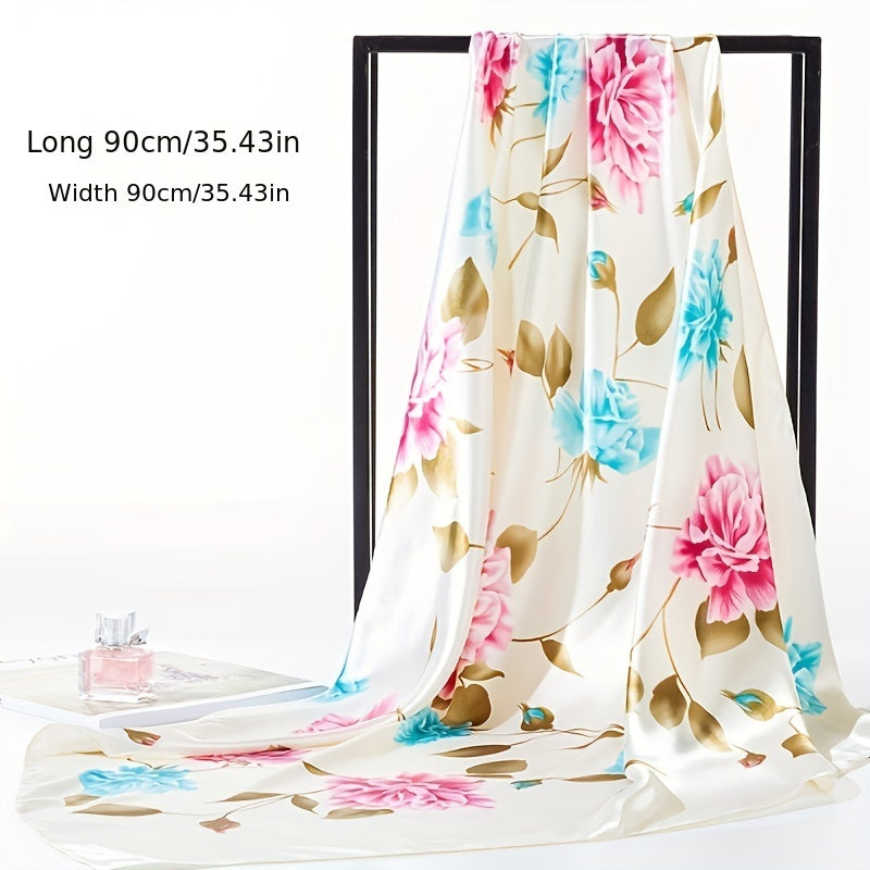Rose Print Bandana Satin Shawl Silk Square Scarf Women Head Wrap Turban