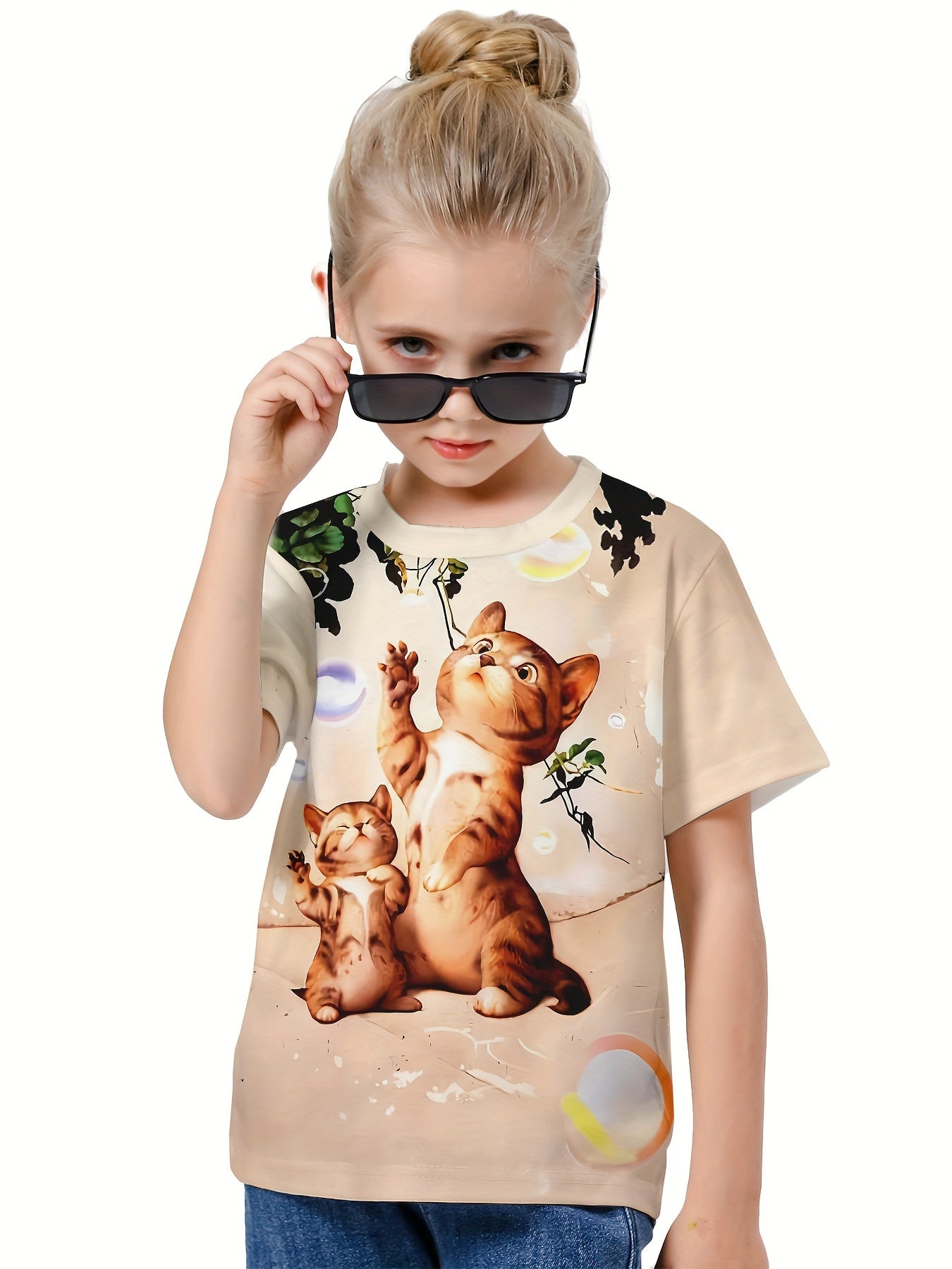 3D Kitty Print T shirt for Girls Boys Summer Sports