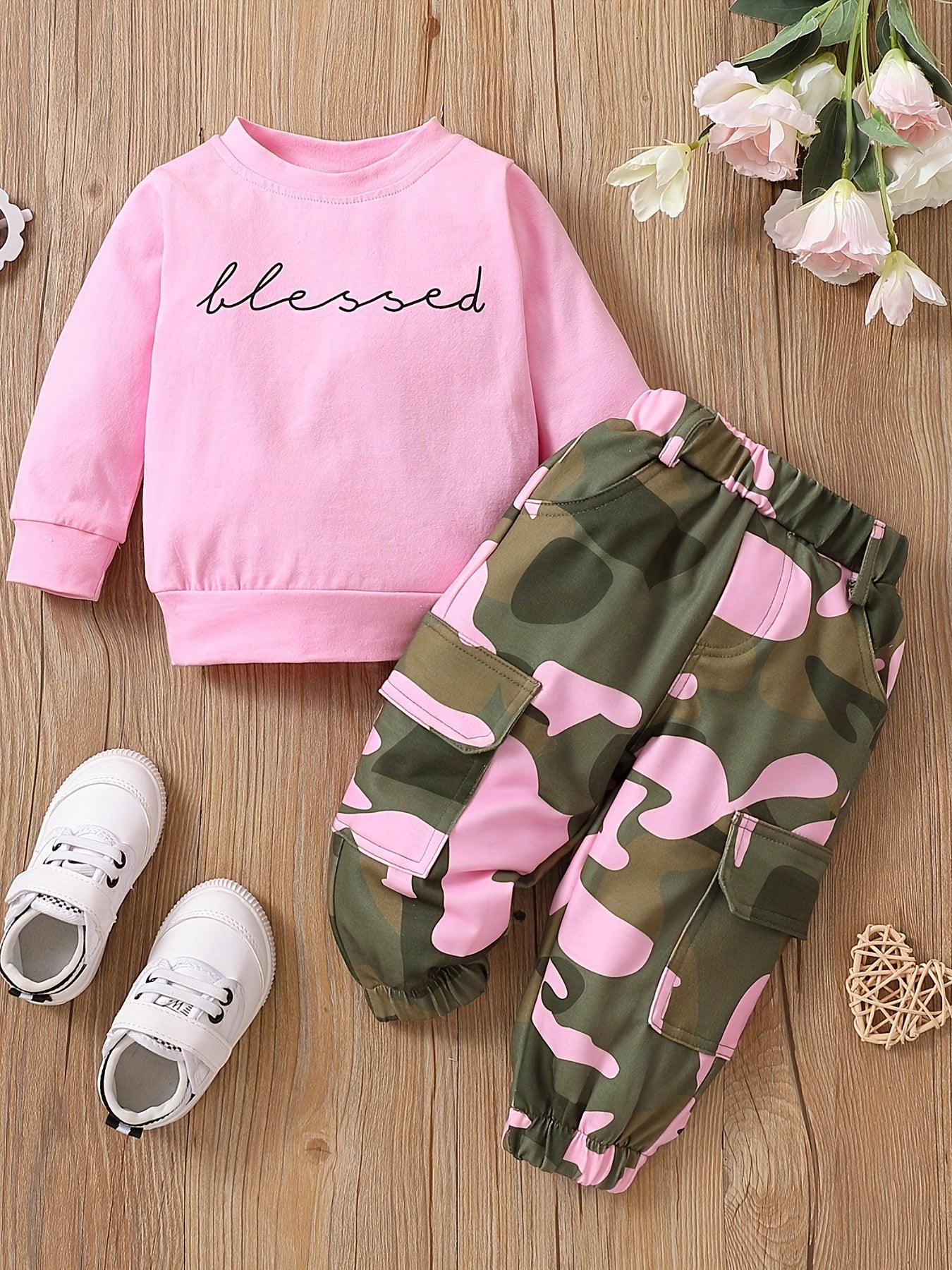 Toddler Girl Blessed Sweatshirt Top Camo Cargo Pants 2pcs Set
