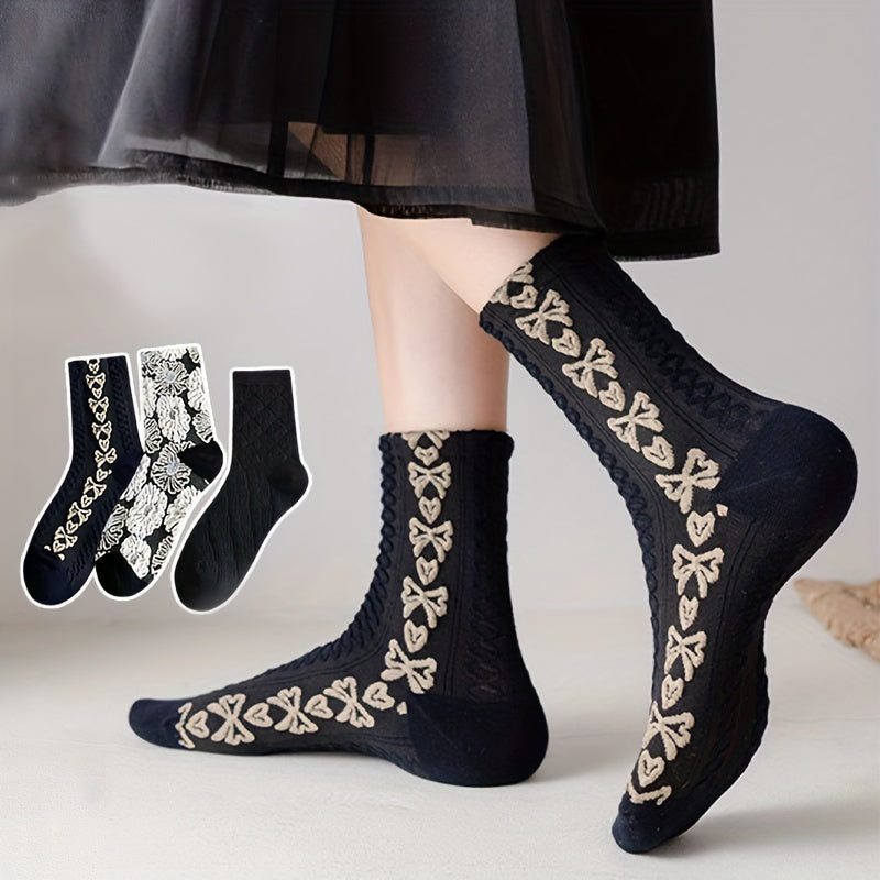 3 Pairs Floral Print Socks Comfy & Breathable Mid Tube Socks