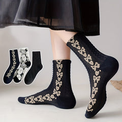 3 Pairs Floral Print Socks Comfy & Breathable Mid Tube Socks