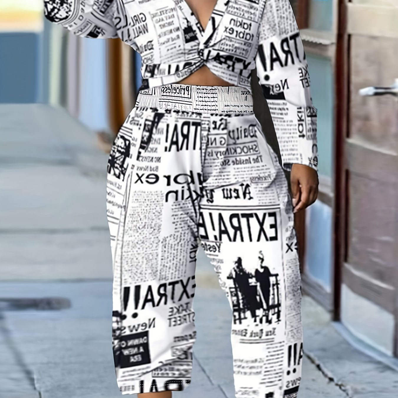 Newspaper Print Twist Front Top & Pants Set