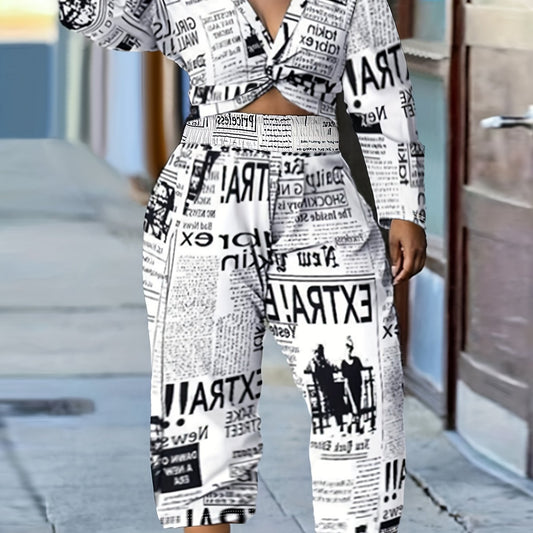 Newspaper Print Twist Front Top & Pants Set
