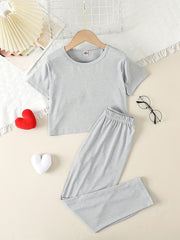 Girls 2pcs Outfits Solid Stripe Print T Shirt & Long Pants
