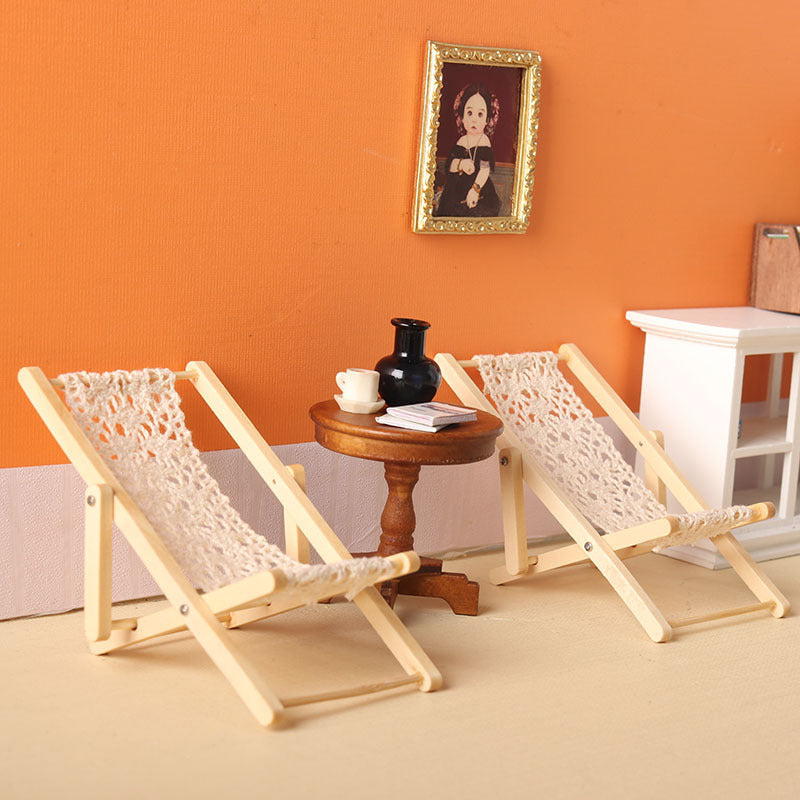 1pc Folding Lounge Chair Recycled Wood & Fabric for 1:12 1:6 Dollhouse Furniture