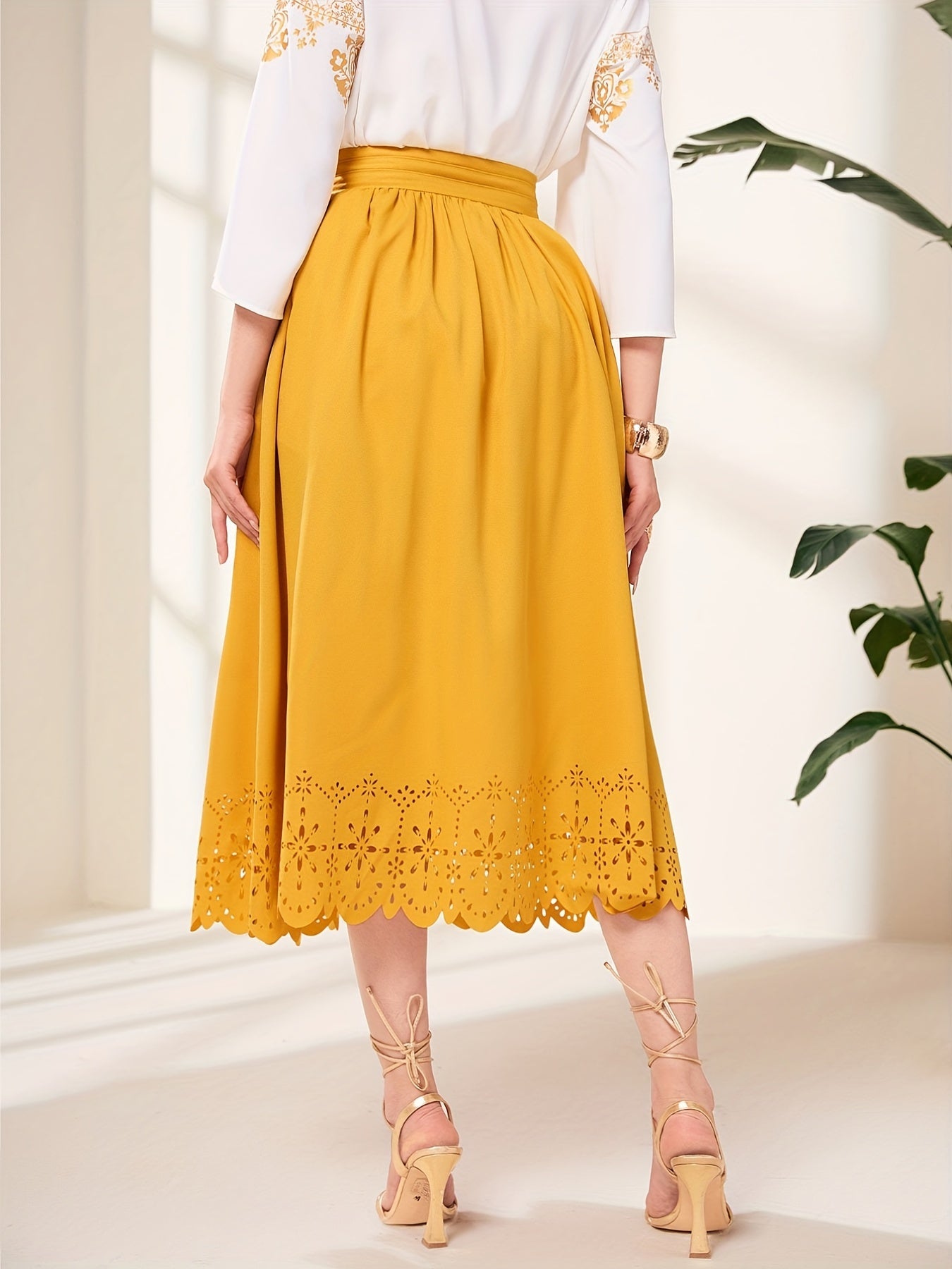 Ruched High Waist Midi Skirt Solid Color