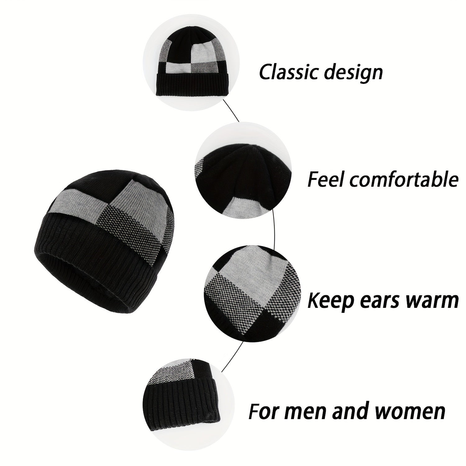 Plaid Warm Beanie Hat Winter Knitted Thick Hat
