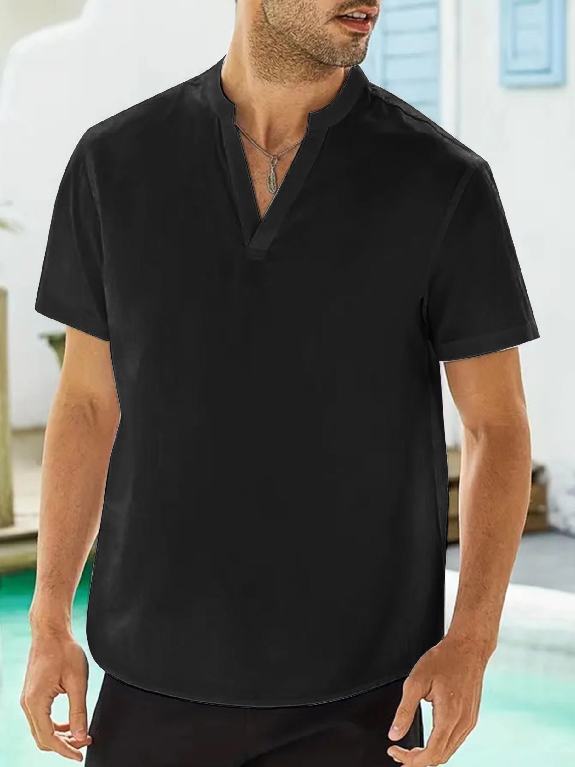 Men's Casual V-neck Short Sleeve Shirt for Summer Vacation