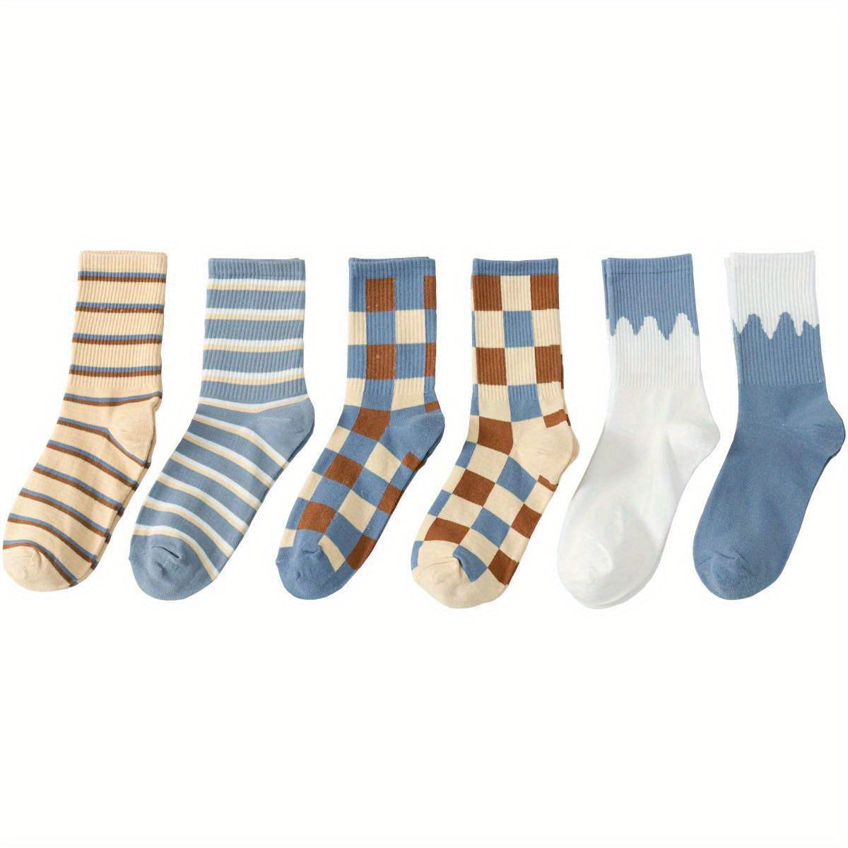 6 Pairs Striped & Plaid Crew Socks Comfy & Breathable Colorblock Socks