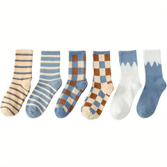 6 Pairs Striped & Plaid Crew Socks Comfy & Breathable Colorblock Socks