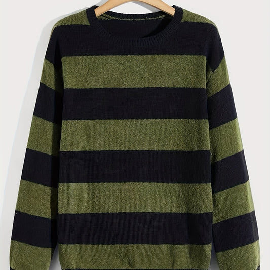 Knitted Stripe Pattern Men's Round Neck Pullover Sweater