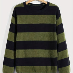 Knitted Stripe Pattern Men's Round Neck Pullover Sweater